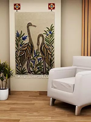 Antique-White Asana Mat cum Wall Hanging with Embroidered Wading Birds