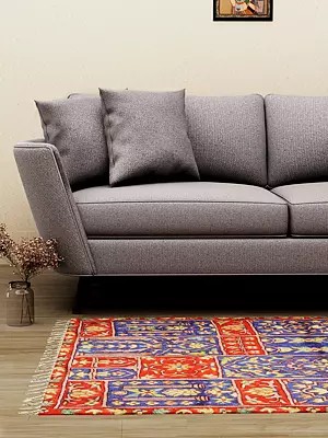 Red and Blue Floral Embroidered Yogi Asana from Kashmir with Persian Motifs