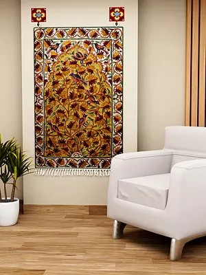 White and Gold Asana Mat cum Wall Hanging with Embroidered Tree of Life