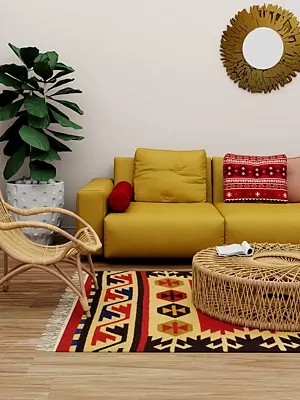 Black and Red Handloom Dhurrie from Sitapur with Woven Motifs