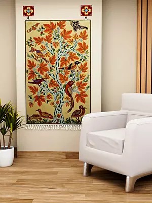 Dusty-White Embroidered Asana cum Wall Hanging with Tree of Life