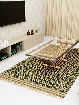 Green and Beige Dhurrie from Telangana with All-Over Weave