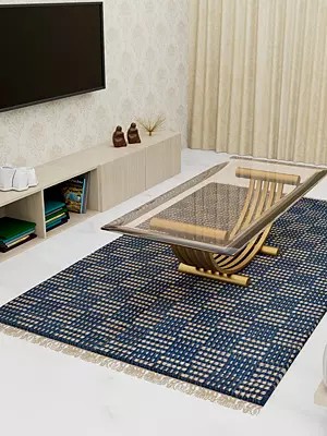 Legion-Blue Dhurrie from Telangana with Woven Checks