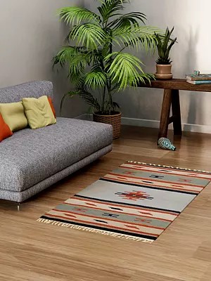 Sky-Gray Handloom Dhurrie from Sitapur with Woven Stripes