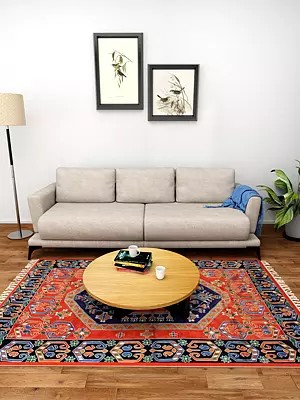 Red and Blue Prayer Rug from Kashmir with Embroidered Motifs