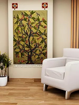 Green Asana cum Wall Hanging from Kashmir with Embroidered Maple Tree