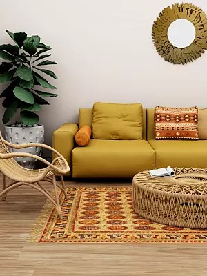 Straw and Red Kalamkari Dhurrie from Telangana with Printed Floral Motifs