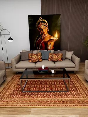 Maroon and Green Kalamkari Dhurrie from Telangana with Printed Flowers