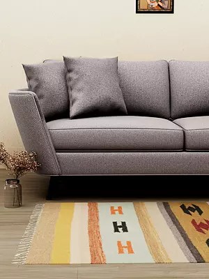 Fair-Aqua Handloom Dhurrie from Mirzapur with Woven Motifs and Stripes