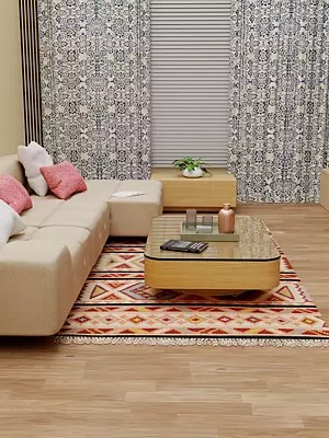 Ivory Handloom Dhurrie from Sitapur with Woven Motifs in Multi-color Thread