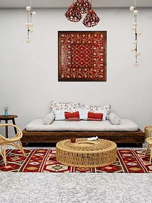 Deep-Claret Handloom Dhurrie from Sitapur with Woven Floral Motifs