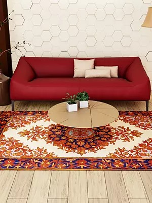 Blue and Ivory Floral Embroidered Asana Mat from Kashmir with Persian Design