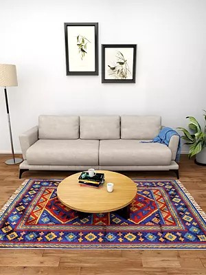 Blue and Red Kashmiri Asana Mat with Embroidered Motifs