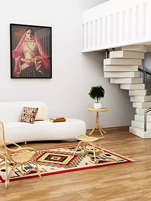 Off-White Handloom Dhurrie from Sitapur with Kilim Weave