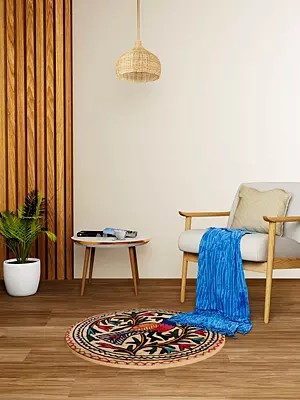 Cloud-Cream Circular Mat with Hand-Embroidered Peacock