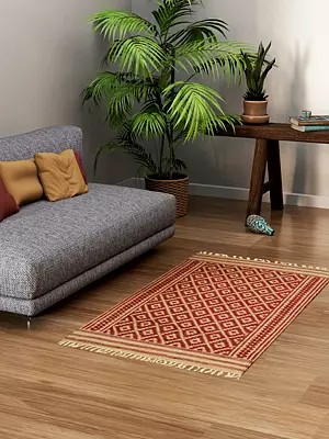 Red and Beige Dhurrie from Telangana with Woven Bootis