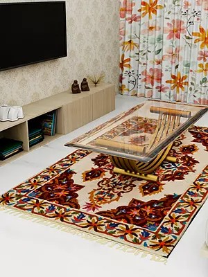 Cream Asana Mat from Kashmir with Floral-Embroidery