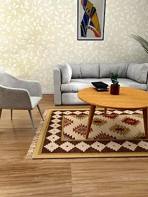 Off-White Handloom Dhurrie from Sitapur with Kilim Weave