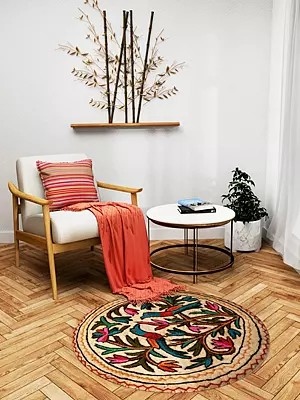 Cloud-Cream Hand Embroidered Circular Mat with Peacock Pair