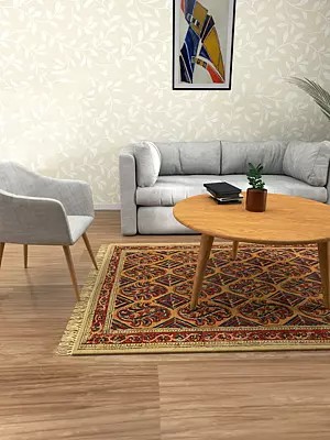 Amber and Red Kalamkari Dhurrie from Telangana with Printed Paisleys