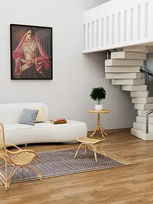 Blue and Beige Dhurrie from Karnataka with Woven Bootis