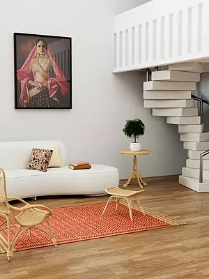 Red and Beige Dhurrie from Karnataka with Thread-Weave