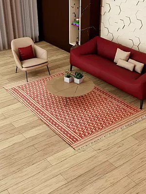 Maroon and Beige Dhurrie from Telangana with Woven Bootis