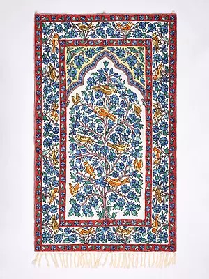 Multicolor Tree of Life Asana cum Wall Hanging with Embroidered Birds from Kashmir