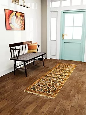 Almond-Buff Runner Kalamkari Dhurrie from Telangana with Printed Florals