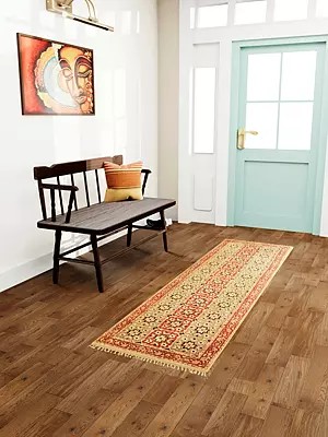 Marzipan Kalamkari Dhurrie Runner from Telangana with Printed Flowers