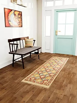 Honey-Peach Kalamkari Dhurrie Runner from Telangana with Printed Flowers