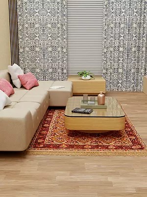 Cream-Tan Kalamkari Dhurrie from Telangana with Printed Flowers