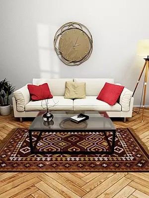 Oxblood-Red Handloom Kilim Dhurrie from Sitapur with Woven Motifs All-Over