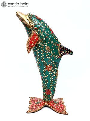 18" Standing Dolphin Statue in Brass with Inlay Work | Table Decor