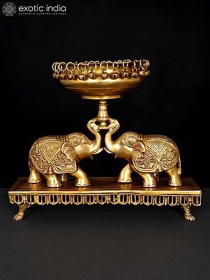 16" Brass Pair of Elephants Holding Urli | Decorative Showpiece