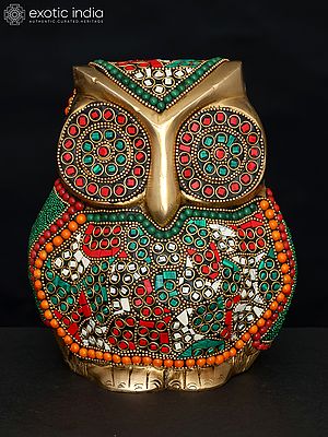 7" Decorative Owl | Table Decor | Brass Statue with Inlay Work