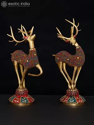 11" Brass Pair of Reindeers with Inlay Work | Table Decor