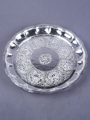 Silver Designer Round Pooja Thali For Auspicious Occasion