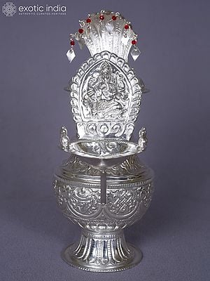 Ritual Pure Silver Engraved Lord Ganesha Ritual Diya (Thapi Sukanda) With Kalash