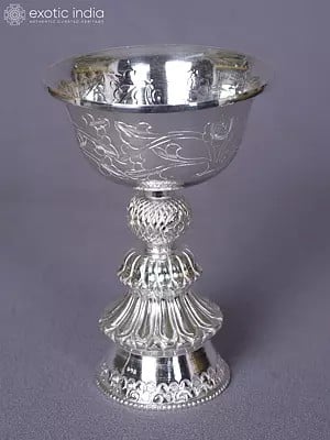 Engraved Ritual Pure Silver Diya With Stand From Nepal