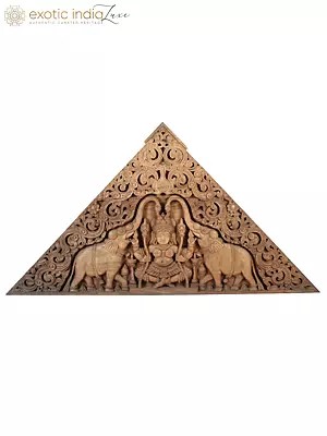 80" Triangle Decorative Wood Carved Gajalakshmi Panel from Kerala