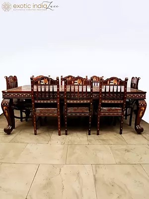 Eight-Seater Royal Dining Table Set in Rosewood with Inlay Work from Mysore