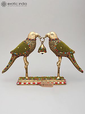 14" Decorative Pair of Parrots with Bell | Brass Statue with Inlay Work