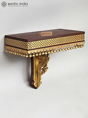 13" Peacock Design Wall Shelf in Wood with Brass Work | Wall Hanging