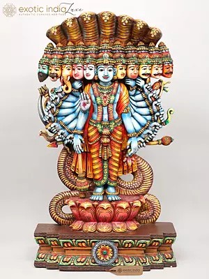 42" Vishwarupa Darshan: The Cosmic Form of Lord Vishnu | Hand-Painted Large Size Wood Carved Sculpture