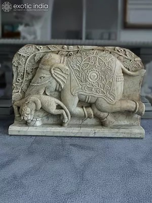 40" Elephant and Lion Fighting | Marble Panel | Exquisite Indian Art