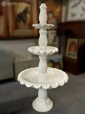 72" Three Tier Modern Water Fountain | White Marble | Exquisite Indian Art