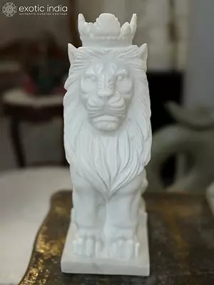 20" The King Wearing Crown | White Marble Lion Statue | Exquisite Indian Art
