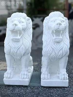36" Pair of Lion | Home Decor | Marble Statue | Exquisite Indian Art