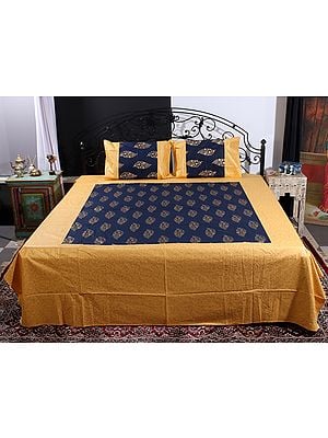 Golden & Midnight-Blue Color Gold Vine-Paisley Motif Printed Cotton Queen Size Bedsheet With Two Pillow Cover